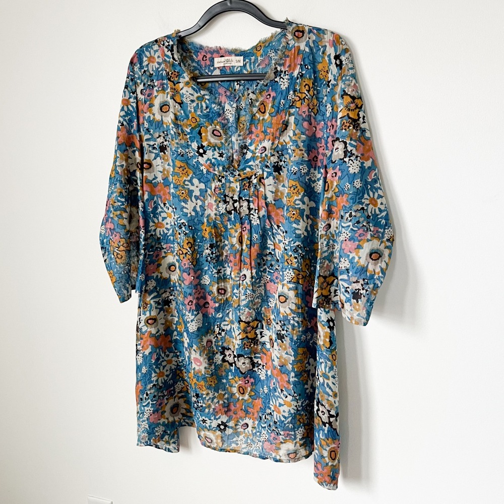 Natural Life Boho Floral Tunic Dress Swim Coverup Womens Small Medium Blue Pink - Picture 3 of 12